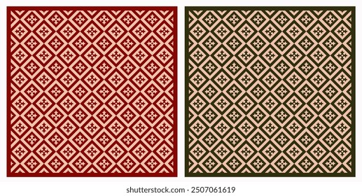 Set of abstract red and green backgrounds in the form of squares. Floor pattern in the upper deck rooms of the RMS Titanic. Vector illustration