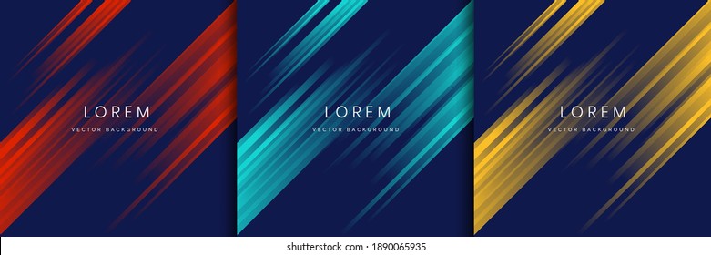 Set of abstract red, green, yellow, stripe diagonal lines light on dark blue background. Vector illustration
