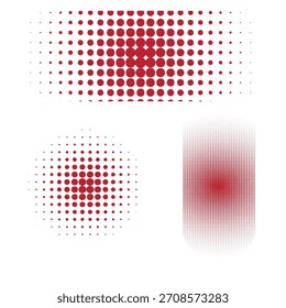 Conjunto de elementos padrão de ponto de meio-tom vermelho abstrato, exibindo gradientes em várias formas, ideal para projetos de design gráfico.