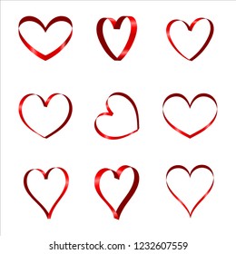 Set abstract red hearts 3-D,vector illustration,creative stylized design,love symbol,nine collection of various perspective hearts on white background,concept as ribbon of love.
