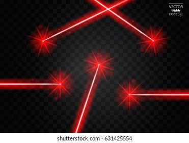 Set abstract red laser beams. Isolated on transparent black background. Vector illustration