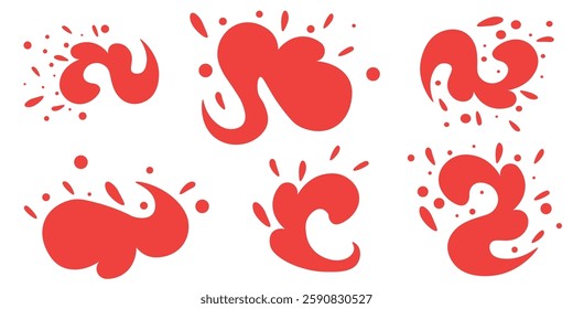 Conjunto de Formas Abstractas de salpicadura líquida roja sobre fondo blanco. Colección de Formas líquidas abstractas rojas que se asemejan a salpicaduras, ideales para el diseño creativo o el uso de fondo.