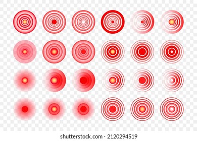 Set abstract red pain points mark. Radar icons body painful spot of sore in throat, muscle, neck, stomach, head, bone. Vector flat illustration for medical poster, infographics