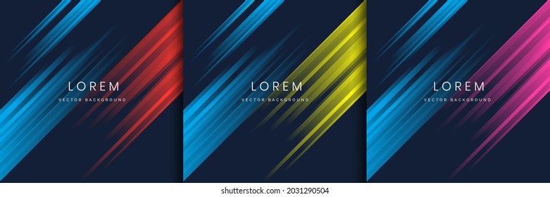 Set of abstract red, pink, yellow, stripe diagonal lines light on dark blue background. Vector illustration
