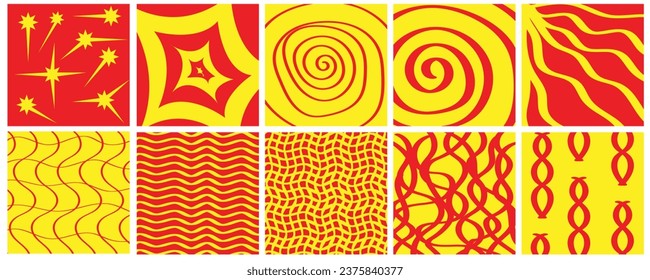 Set of abstract red and yellow backgrounds in psychedelic style. Vector illustration.