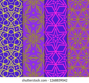 Set of Abstract Repeat Backdrop With Lace Floral Ornament. Seamless Design For Prints, Textile, Decor, Fabric. Super Vector Pattern. Blue, purple, orange color.