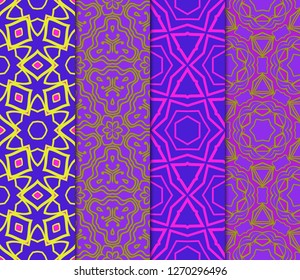 Set of Abstract Repeat Backdrop With Lace Floral Ornament. Seamless Design For Prints, Textile, Decor, Fabric. Super Vector Pattern. Blue, purple, orange color.