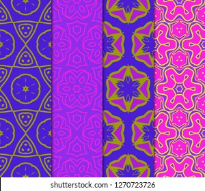 Set of Abstract Repeat Backdrop With Lace Floral Ornament. Seamless Design For Prints, Textile, Decor, Fabric. Super Vector Pattern. Blue, purple, orange color.