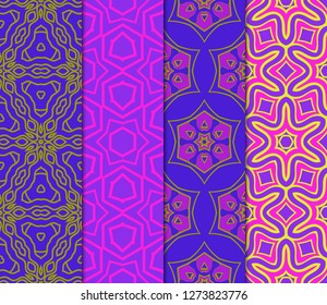 Set of Abstract Repeat Backdrop With Lace Floral Ornament. Seamless Design For Prints, Textile, Decor, Fabric. Super Vector Pattern. Blue, purple, orange color.
