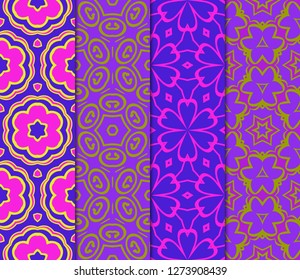 Set of Abstract Repeat Backdrop With Lace Floral Ornament. Seamless Design For Prints, Textile, Decor, Fabric. Super Vector Pattern. Blue, purple, orange color.