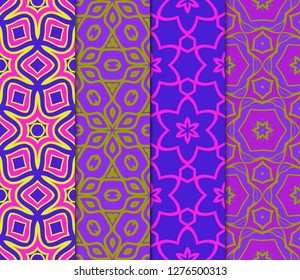 Set of Abstract Repeat Backdrop With Lace Floral Ornament. Seamless Design For Prints, Textile, Decor, Fabric. Super Vector Pattern. Blue, purple, orange color.