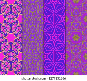 Set of Abstract Repeat Backdrop With Lace Floral Ornament. Seamless Design For Prints, Textile, Decor, Fabric. Super Vector Pattern. Blue, purple, orange color.