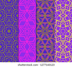 Set of Abstract Repeat Backdrop With Lace Floral Ornament. Seamless Design For Prints, Textile, Decor, Fabric. Super Vector Pattern. Blue, purple, orange color.