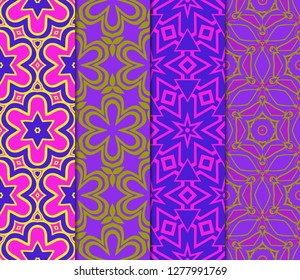 Set of Abstract Repeat Backdrop With Lace Floral Ornament. Seamless Design For Prints, Textile, Decor, Fabric. Super Vector Pattern. Blue, purple, orange color.