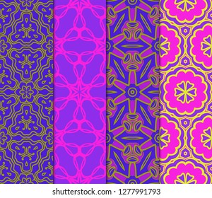 Set of Abstract Repeat Backdrop With Lace Floral Ornament. Seamless Design For Prints, Textile, Decor, Fabric. Super Vector Pattern. Blue, purple, orange color.