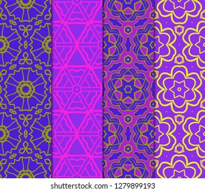Set of Abstract Repeat Backdrop With Lace Floral Ornament. Seamless Design For Prints, Textile, Decor, Fabric. Super Vector Pattern. Blue, purple, orange color.