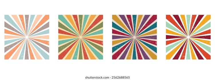 Set of abstract retro backgrounds with colorful rays. Trendy vector illustration in style retro 60s, 70s. Pastel different colors with worn, scratched texture.