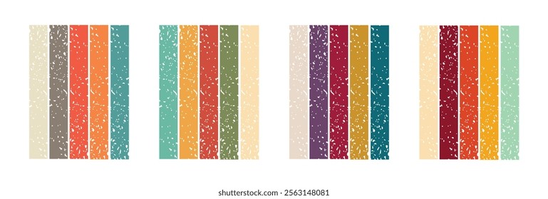 Set of abstract retro backgrounds with colorful stripes. Trendy vector illustration in style retro 60s, 70s. Pastel different colors with worn, scratched texture.