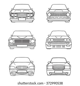 Set Of Abstract Retro Car Silhouette Background - Front View. Vector Doodle Illustration