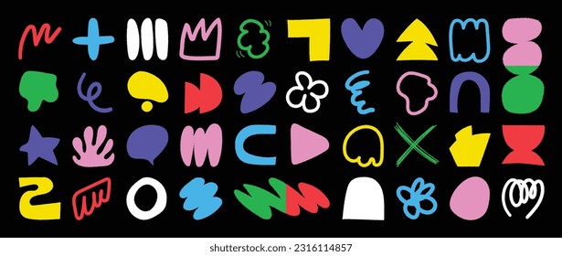 Set of abstract retro doodle shapes vector. Collection of contemporary figure, star, heart,flower, scribble in 70s groovy style. Cute hippie design element perfect for banner, print, stickers, decor.