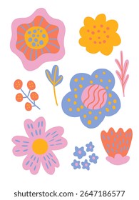 Set of abstract retro flower in funky groovy style. Collection of spring colorful flower elements.