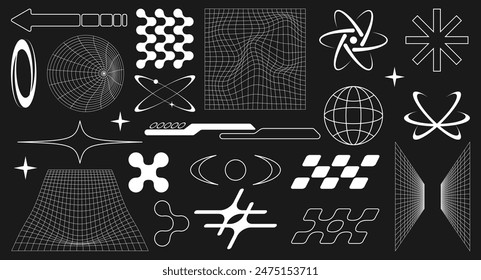 Set of abstract retro futuristic brutalist elements and shapes and line wireframe elements Y2K style. Geometric elements for template social media, poster, banner, logo, stickers