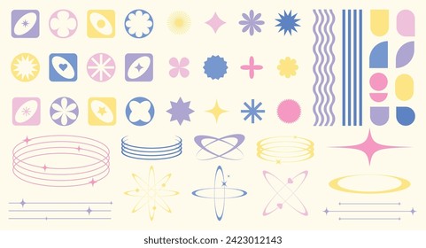 Set of abstract retro futuristic colorful elements and shapes brutalism, Y2K style. Y2K geometric shapes, forms, symbols for template social media, poster, banner, logo, stickers, web