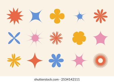 Set of abstract retro futuristic colorful elements and shapes brutalism Y2K style
