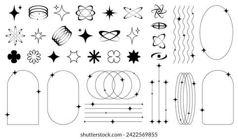 Set of abstract retro futuristic elements and shapes and aesthetic line frames boho, brutalism, Y2K style.Geometric elements with sparkles for template social media, poster, banner, logo, stickers