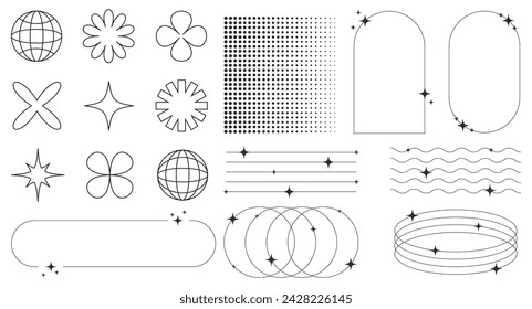 Set of abstract retro futuristic elements and shapes and aesthetic line frames boho, brutalism, Y2K style.Geometric elements with sparkles for template social media, poster, banner, logo, stickers