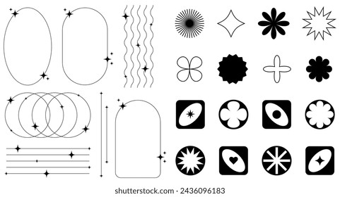 Set of abstract retro futuristic elements and shapes and aesthetic line frames boho, brutalism, Y2K style. Geometric elements with sparkles for template social media, poster, banner, logo, stickers