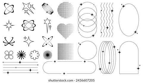 Conjunto de elementos y formas futuristas retro abstractos y marcos de línea estética boho, brutalismo, estilo Y2K. Elementos geométricos con destellos para plantilla de redes sociales, póster, banner, logotipo, pegatinas