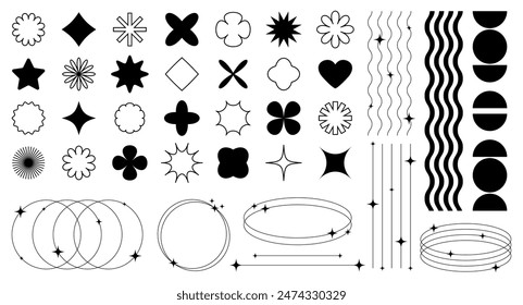 Set of abstract retro futuristic elements and shapes and aesthetic line frames boho, brutalism, Y2K style.Geometric elements with sparkles for template social media, poster, banner, logo, stickers