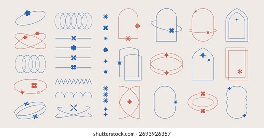 Set of abstract retro futuristic elements and aesthetic line frame