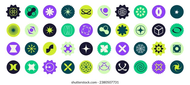 Set of abstract retro futuristic shapes. Geometric graphic shapes and elements in y2k style.Brutalist design icons for notes, poster, abnner or stickers.Vector illustration
