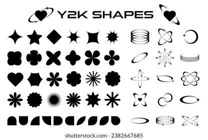 Set of abstract retro futuristic Y2K elements and shapes isolated on a white background. Y2K geometric shapes, forms, symbols for template, poster, banner, web, stickers.
