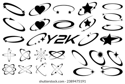 Set of abstract retro futuristic Y2K elements and shapes ellipse with heart and star isolated on a white background. Y2K geometric shapes, forms, symbols for template, poster, banner, web, stickers.