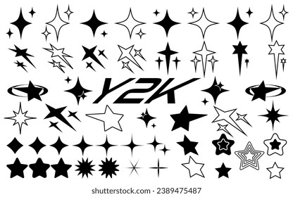 Set of abstract retro futuristic Y2K elements and shapes stars isolated on a white background. Y2K geometric shapes, forms, symbols for template, poster, banner, web, stickers.