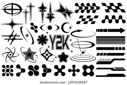 Set of abstract retro futuristic Y2K elements and shapes isolated on a white background. Y2K geometric shapes, forms, symbols for template, poster, banner, web, stickers.