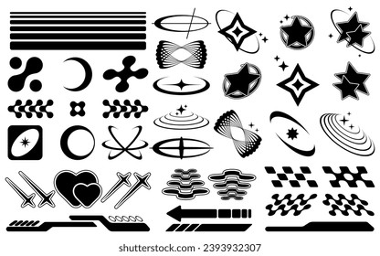 Set of abstract retro futuristic Y2K elements and shapes isolated on a white background. Y2K geometric shapes, forms, symbols for template, poster, banner, web, stickers.