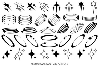 Set of abstract retro futuristic Y2K elements and shapes ellipse and star isolated on a white background. Y2K geometric shapes, forms, symbols for template, poster, banner, web, stickers.