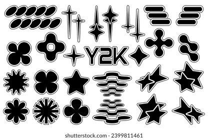 Set of abstract retro futuristic Y2K elements and shapes isolated on a white background. Y2K geometric shapes, forms, symbols for template, poster, banner, web, stickers.