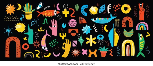 Set of abstract retro geometric doodle shapes vector. Collection of contemporary figure, sparkle, hands, shapes, flower in 70s groovy style, design elements perfect for banner, print, stickers.