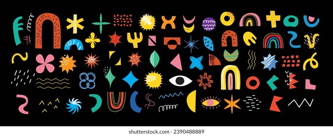 Set of abstract retro geometric doodle shapes vector. Collection of contemporary figure, sparkle, arrow, flower in 70s groovy style, design elements perfect for banner, print, stickers.