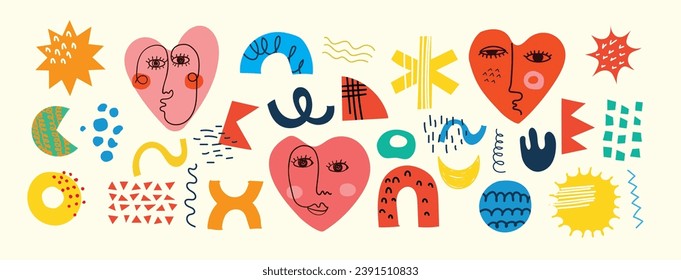 Set of abstract retro geometric doodle shapes vector. Collection of contemporary figure, shapes, hearts in 70s groovy style, design elements. Happy valentine's day concept for greeting cards