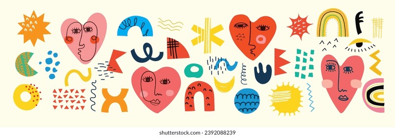 Set of abstract retro geometric doodle shapes vector. Collection of contemporary figure, shapes, hearts in 70s groovy style, design elements. Happy valentine's day concept for greeting cards