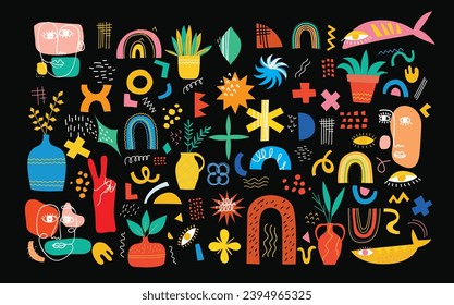 Set of abstract retro geometric doodle shapes vector. Collection of contemporary figure, sparkle, arrow, flower in 70s groovy style, design elements perfect for banner, print, stickers.