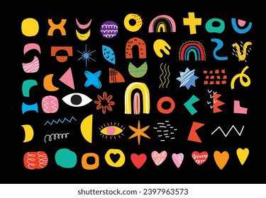Set of abstract retro geometric doodle shapes vector. Collection of contemporary Vector illustrations and design elements perfect for banner, print, stickers, pins in cartoon 80s-90s style.