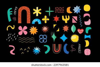 Set of abstract retro geometric doodle shapes vector. Collection of contemporary Vector illustrations and design elements perfect for banner, print, stickers, pins in cartoon 80s-90s style.