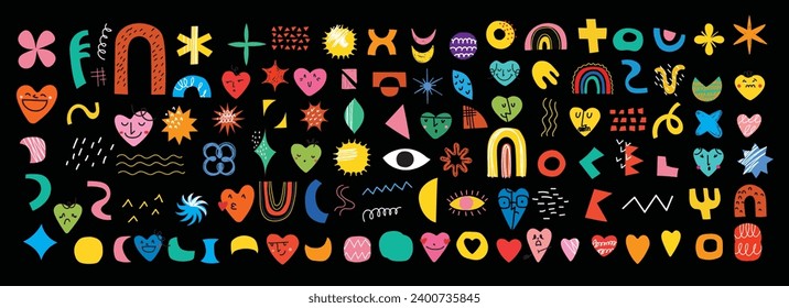 Conjunto de formas abstractas de doodle geométrico retro vectorial. Colección de ilustraciones Vectoras contemporáneas y elementos de diseño perfectos para banner, impresión, pegatinas, pines en el estilo de las caricaturas de los años 80-90.
